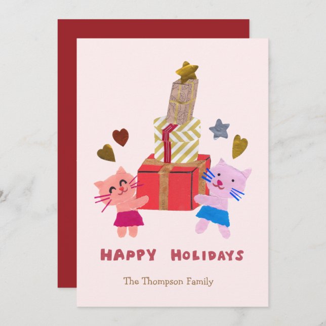 söta katter med presentlådor rosa julkort (Fram/baksida)