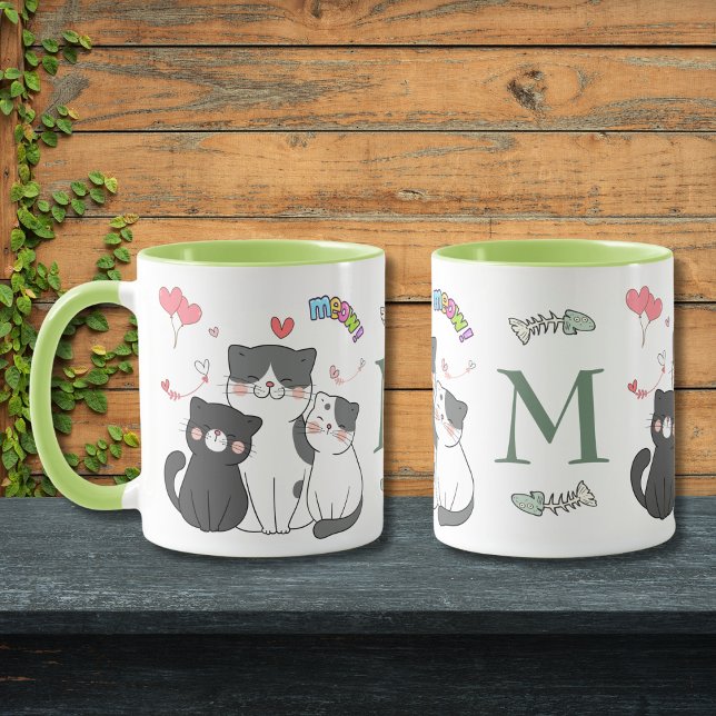 Söta Katter Meow Hjärtan Tematiserad Monogram  Mugg (Skapare uppladdad)