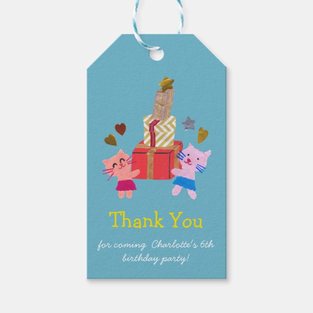 Söta katter och presenter Blått barnkalas Presentetikett (Framsidan)