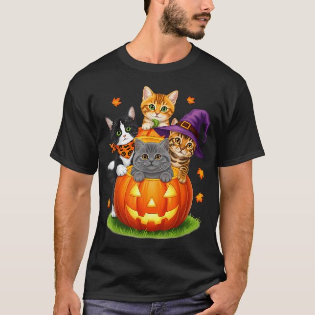 Söta Katter Pumpa Halloween Kuslig T Shirt (Framsida)