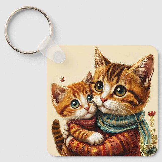 Söta katter som kramar med färgglada scarfar 🐱 nyckelring (Framsida)