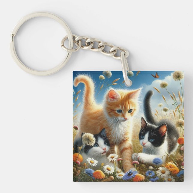 Söta Katter Vildblomsterträdgård Akrylnyckelring (Framsidan)