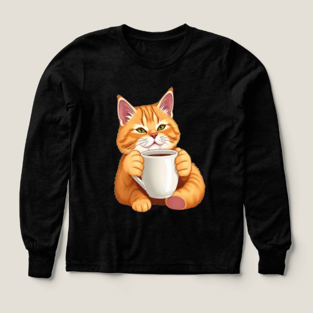 Söta Kattkaffegrafik Långärmad för Flickor T Shirt (Design framsida)