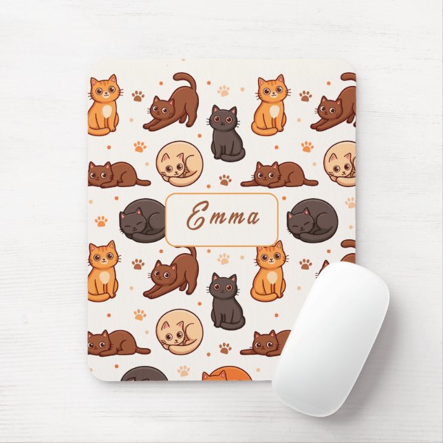 Söta Kattmönster Anpassad Monogram Namn Barn Musmatta (Med mus)