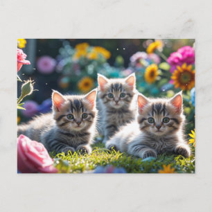 Söta kattungar i blomsterträdgården vykort