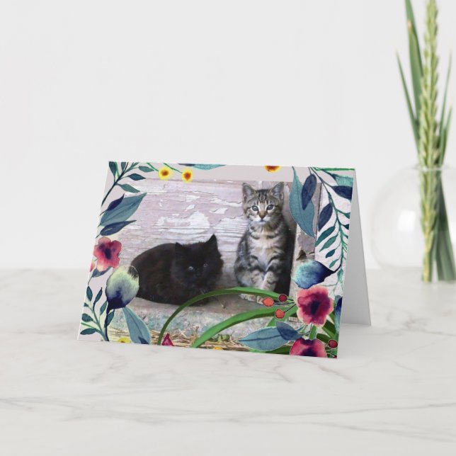 Söta kattungar med akvarellblad och blommor kort (Framsida)