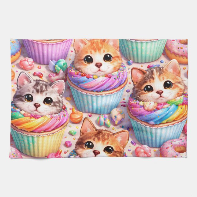 Söta kattungar och cupcakes, kökshandduk, regnbåge kökshandduk (Horisontell)