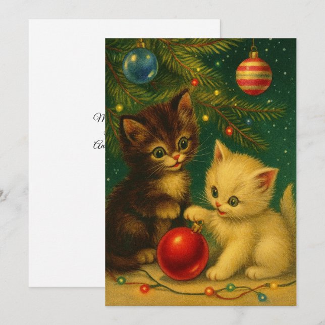 Söta kattungar under julgran Retro Julkort (Fram/baksida)