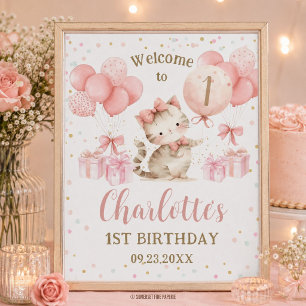 Söta kattunge rosa ballonger 1:a 2:a 3:e födelseda poster