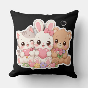 Söta Kawaii Djurvänner Hjärtan Blommor Pastell T Kudde