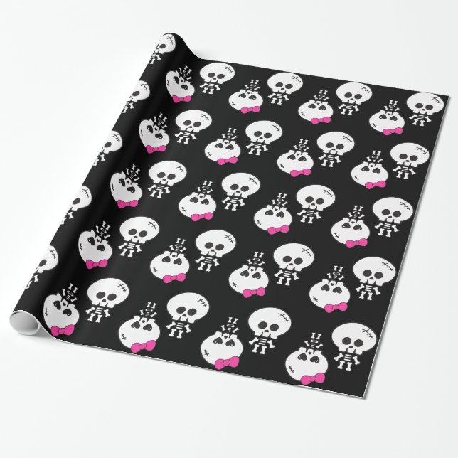 söta kawaii emo pojke flicka skelett skallar presentpapper (Utrullad)
