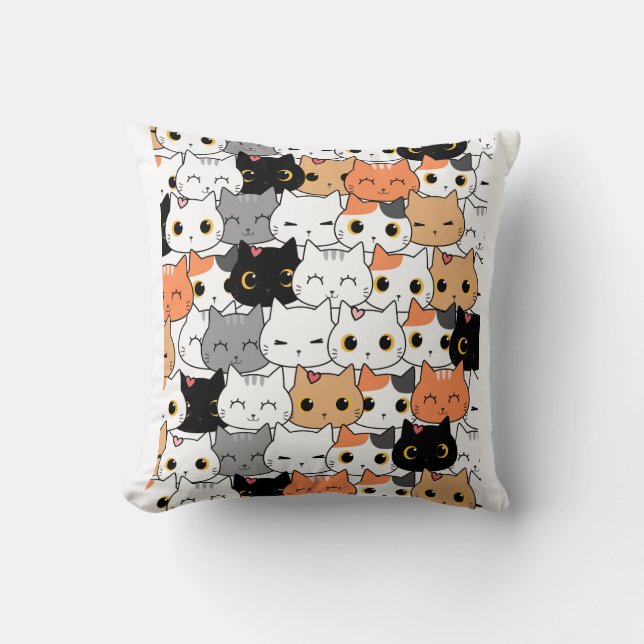 Söta Kawaii Katt Ansikten Mönster  Kudde (Framsida)