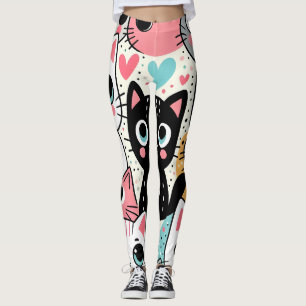 Söta Kawaii Kattansikten och Hjärtan Nyckfulla Leggings