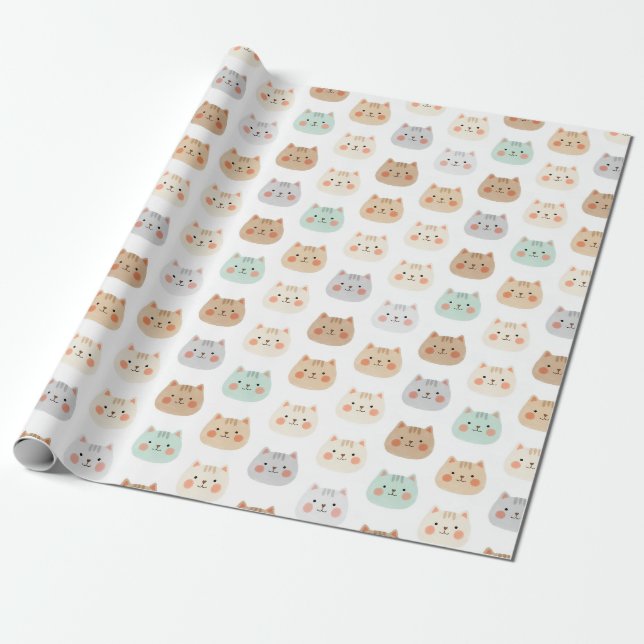 Söta Kawaii Katter Handritade Illustrationer Paste Presentpapper (Utrullad)