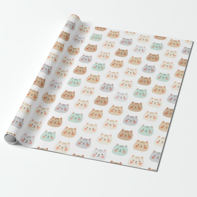 Söta Kawaii Katter Handritade Illustrationer Paste Presentpapper (Utrullad)