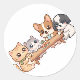Söta Kawaii Katter och Hundar Klistermärkeshäfte Runt Klistermärke