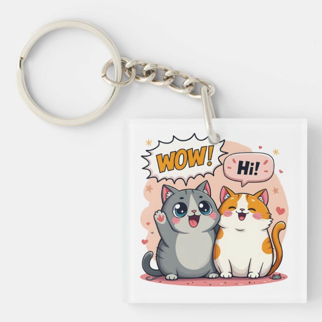 Söta Kawaii Katter Serieteckning Säger Wow och Hej (Framsidan)