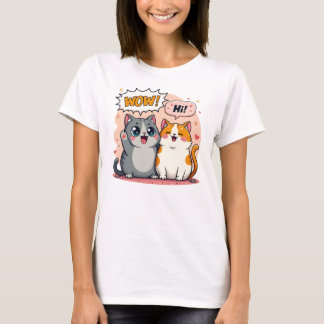 Söta Kawaii Katter som säger Wow och Hej Tecknad K T Shirt