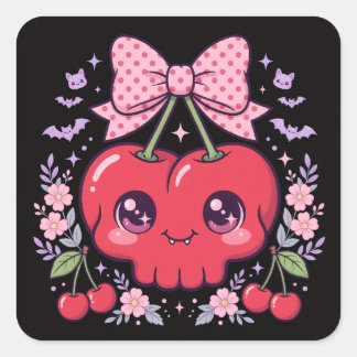 Söta Kawaii Körsbärsskädelstickers | Skräckfulla C Fyrkantigt Klistermärke