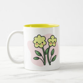 Söta Kawaii Leende Gula Blommor Pastell Rosa Två-Tonad Mugg