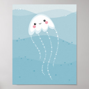Söta kawaii maneter som simmar i mjuka blå vågor poster