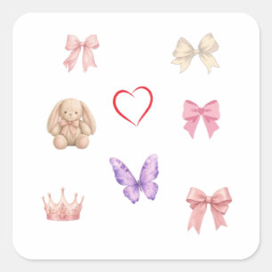Söta Kawaii Pastellfärgade Slingor Kanin Fjäril Hj Fyrkantigt Klistermärke