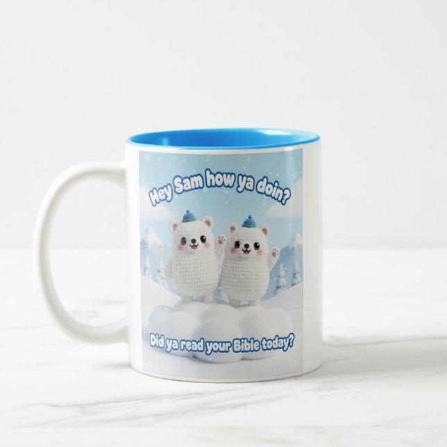 Söta Kawaii Snöbjörnar – “Läste du din Bibel'' Två-Tonad Mugg (Vänster)