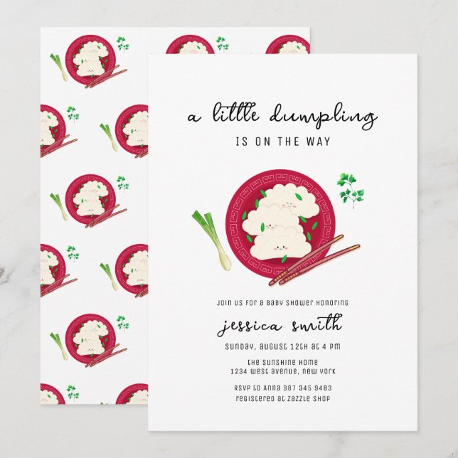 Söta kinesiska dumplings baby shower  inbjudningar (Fram/baksida)