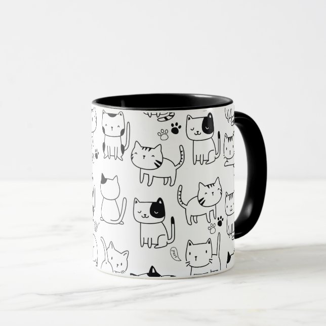 Söta klotterkatter Svart Vitt Mönster Mugg (Framsida höger)