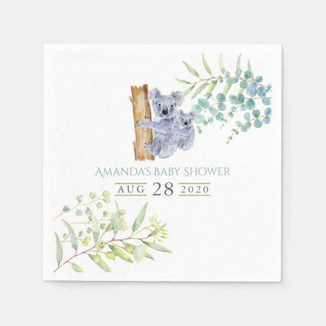 Söta Koala Björnar Eukalyptusblad Baby Shower Pappersservett (Framsidan)