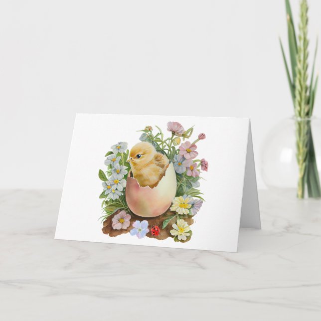 Söta kycklingar i äggskal & akvarellblommor kort (Framsida)
