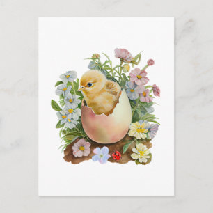 Söta kycklingar i äggskal och akvarellblommor vykort