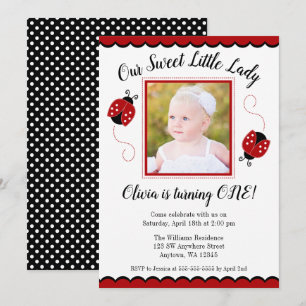 Söta Ladybug Red Black Photo Birthday-inbjudningar Inbjudningar