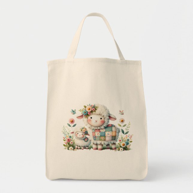 Söta lamm med blomster- och lapptäcksaccent tygkasse (Framsidan)