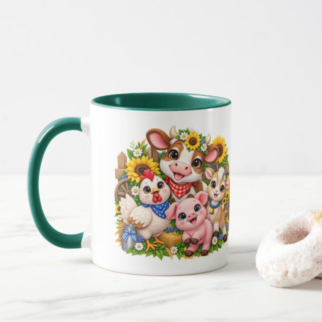 Söta lantbruksvänner Ko Höna Get Pig Nyckfull  Mugg (Med munk)