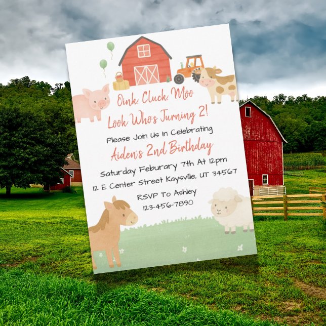 Söta lantdjurs-inbjudan till 2-års födelsedagsfest inbjudningar (Farm-themed second birthday invitation design with barn, animals, and playful farm elements.)
