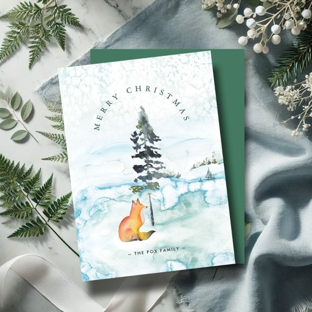 Söta lantgård anpassade julkort (Christmas cards watercolor fox and pine tree winter scene by Victoria Grigaliunas Do Tell A Belle)