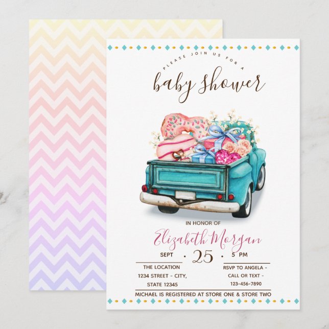 Söta lastbils sötsaker sicksack baby shower inbjudningar (Fram/baksida)