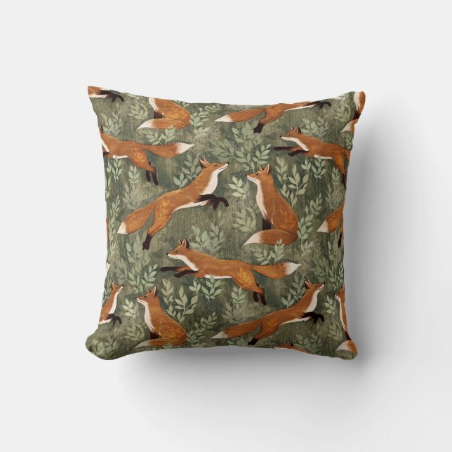 Söta lekfulla rävar i Rust Brown på Oliv grönt Kudde (Framsida)