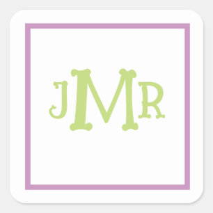 Söta lila & gröna monogram initialer fyrkant fyrkantigt klistermärke