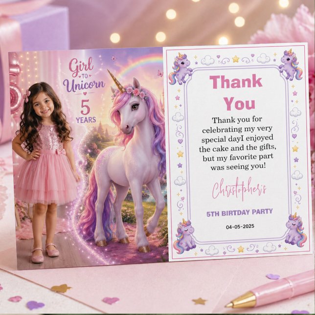 Söta lila magiska enhörningsflickor 5-års födelsed tack kort (Cute Purple Magic Unicorn Girls 5th Birthday Thank You Card
)