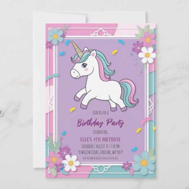 Söta lila Unicorn-födelsedagsinbjudningar Inbjudningar (Framsida)