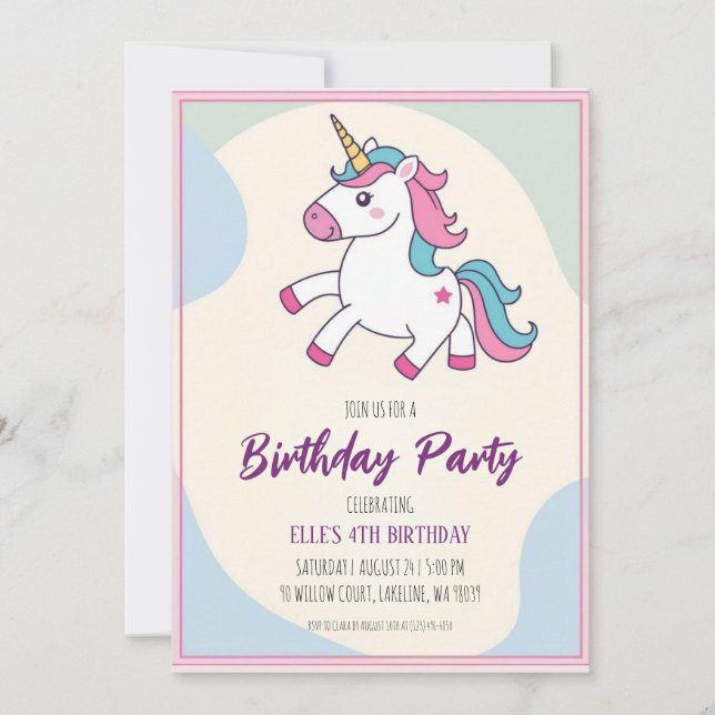 Söta lila Unicorn-födelsedagsinbjudningar Inbjudningar (Framsida)