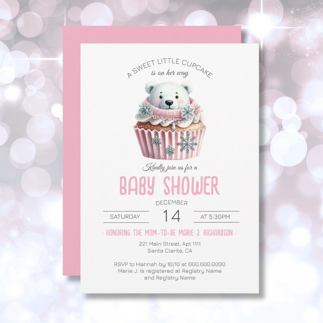 Söta lilla Cupkaka Pastel Rosa Girl Baby Shower Inbjudningar (Polar Bear Sweet Little Cupcake Girl Baby Shower Invitation)