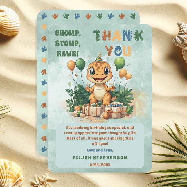 Söta lilla dinosauriepojken fyller 1 år kalas tack kort ("Chomp, Stomp, Rawr!" "Cute Little Dinosaur Birthday Party Thank You Flat Card)