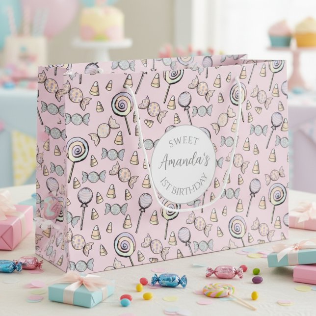 Söta lilla ett godistema första födelsedagseftergi (Candy Sweet One 1st Birthday Pastel Pink Gift Bag. Cute Lollipop & Candy Halloween Kids Gift Wrap)