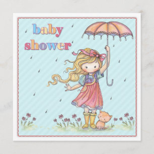 Söta lilla flicka och kattunge baby shower inbjudn inbjudningar