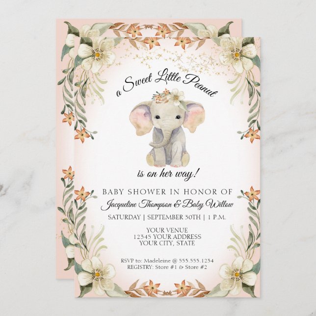 Söta lilla Peanut Elephant Blommigt Baby Shower Inbjudningar (Fram/baksida)