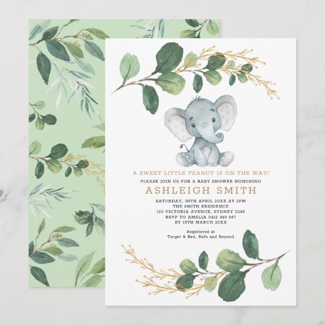 Söta lilla Peanut Greenery Elephant Baby Shower Inbjudningar (Fram/baksida)