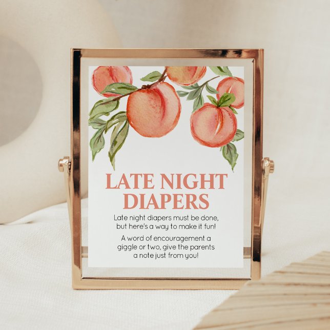 Söta lilla persikobabyskor Sent Nattblöjor Poster (Peach Summer Baby Shower Late Night Diapers Sign)